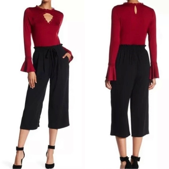 Adrianna Papell Paperbag Black Crepe Culotte Pants Elastic Waist Tie Pleats - Picture 1 of 7